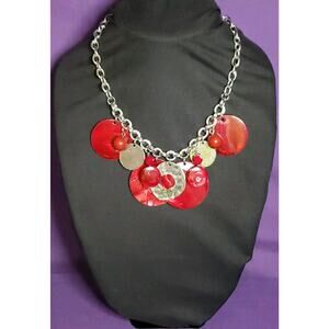Dyed Mother Of Pearl Shell Disc Statement Necklace Vibrant Red Color Silver Tone